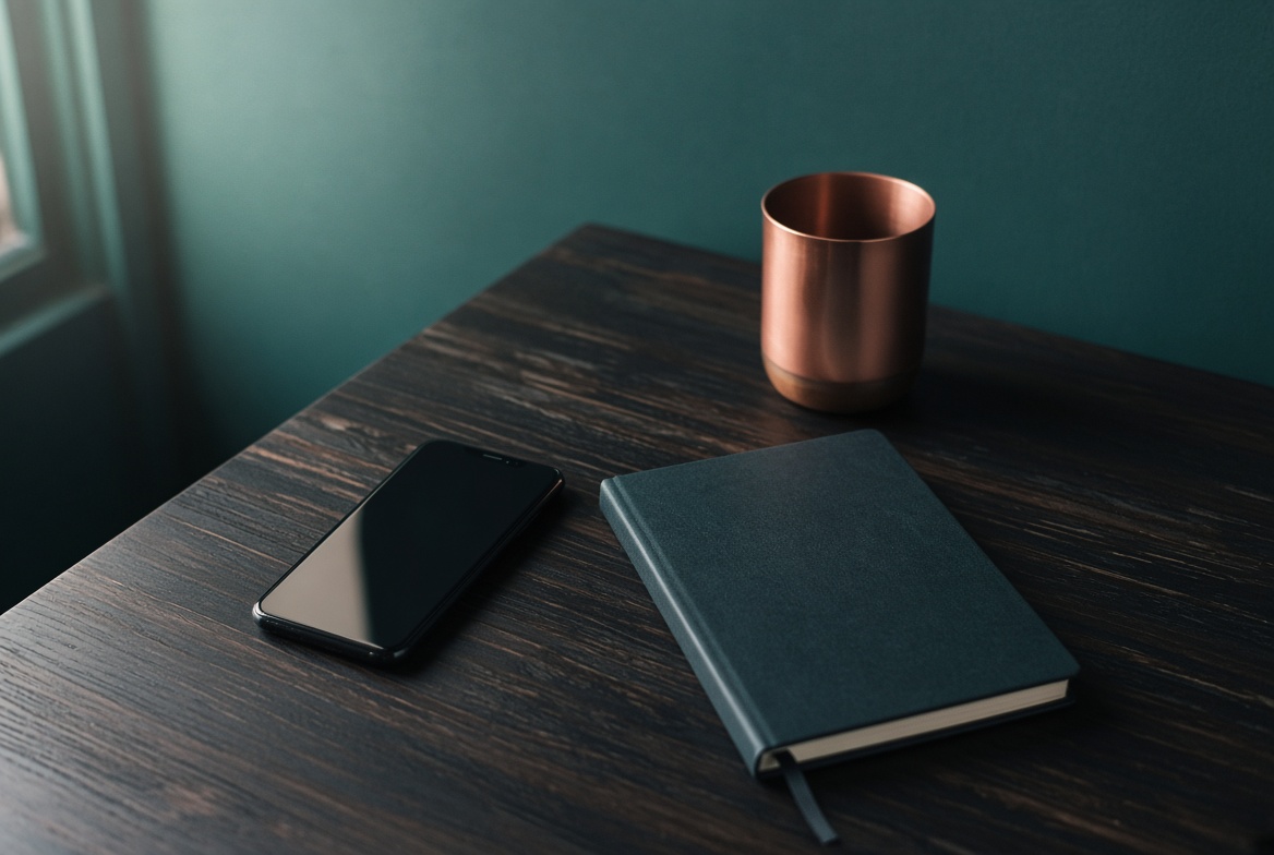 A phone and notebook on a dark desk