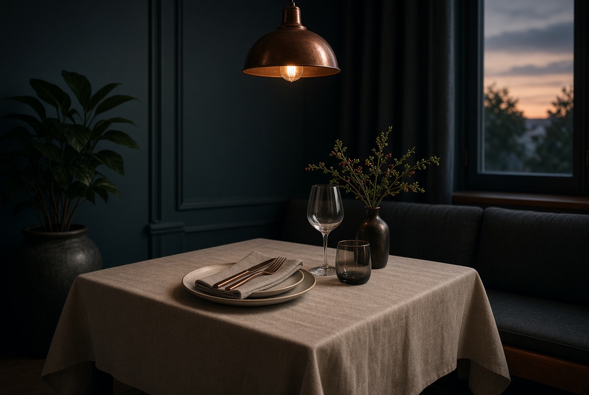 A set table in a dark dining room