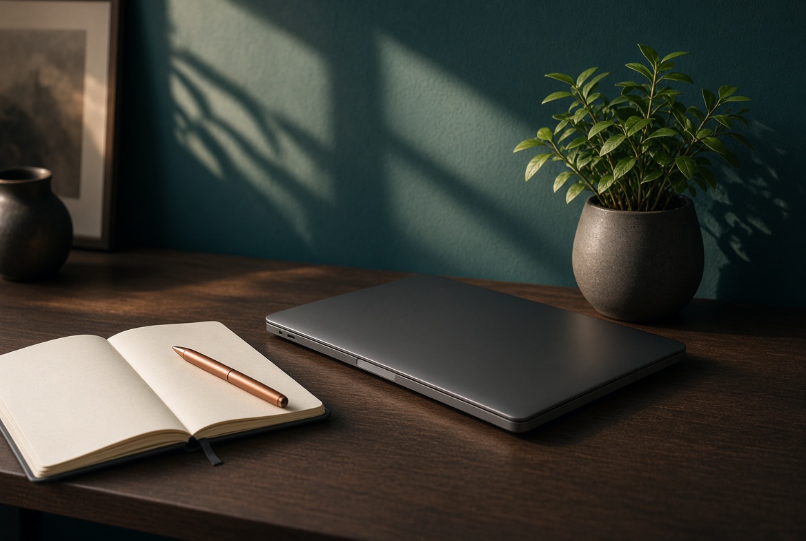A quiet studio desk with a notebook and laptop